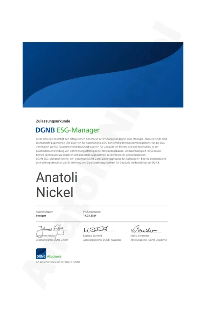 Urkunde - DGNB ESG Manager